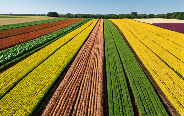 ** A vibrant photo showcasing various agricultural crops in a field, with a focus on detailed textures and patterns. The image should demonstrate the successful identification of crop types using a fine-tuned model originally trained on satellite imagery. Include elements emphasizing data augmentation techniques, like slight rotations or color variations, to highlight the model's robustness.

**