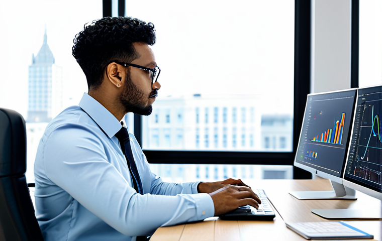 **

A data scientist in a modern, bright office, fully clothed in professional attire, analyzing charts and graphs on a computer screen. The office features clean lines, large windows, and a collaborative workspace. Focus on detail in the data visualizations and the professional environment. Safe for work, appropriate content, perfect anatomy, natural proportions, modest clothing, high quality, professional.

**