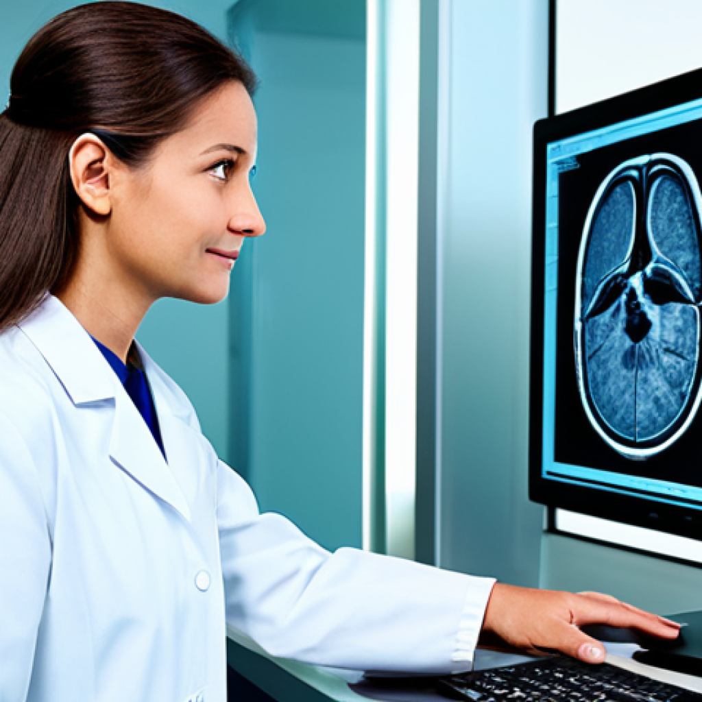Radiology Innovation**

"A modern, brightly lit radiology lab with a radiologist (male or female, appropriate age) in a clean, professional lab coat examining a medical scan on a large monitor. The scan subtly highlights a potential anomaly. Focus on advanced technology, data analysis, and diagnostic precision. Include subtle nods to deep learning algorithms visualizing on supporting displays. safe for work, fully clothed, professional attire, perfect anatomy, correct proportions, natural pose, well-formed hands, proper finger count, high quality medical visualization, family-friendly, appropriate content."

**