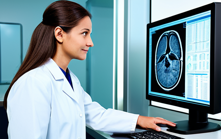 Radiology Innovation**

"A modern, brightly lit radiology lab with a radiologist (male or female, appropriate age) in a clean, professional lab coat examining a medical scan on a large monitor. The scan subtly highlights a potential anomaly. Focus on advanced technology, data analysis, and diagnostic precision. Include subtle nods to deep learning algorithms visualizing on supporting displays. safe for work, fully clothed, professional attire, perfect anatomy, correct proportions, natural pose, well-formed hands, proper finger count, high quality medical visualization, family-friendly, appropriate content."

**