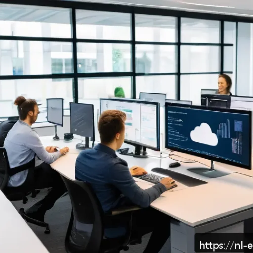 전이 학습을 위한 클라우드 서비스 활용 - A modern cloud computing workspace showing a diverse team of software developers collaborating on AI...