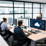 Home 21 전이 학습을 위한 클라우드 서비스 활용 - A modern cloud computing workspace showing a diverse team of software developers collaborating on AI...
