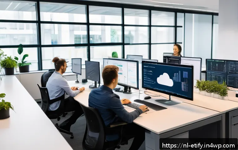 전이 학습을 위한 클라우드 서비스 활용 - A modern cloud computing workspace showing a diverse team of software developers collaborating on AI...