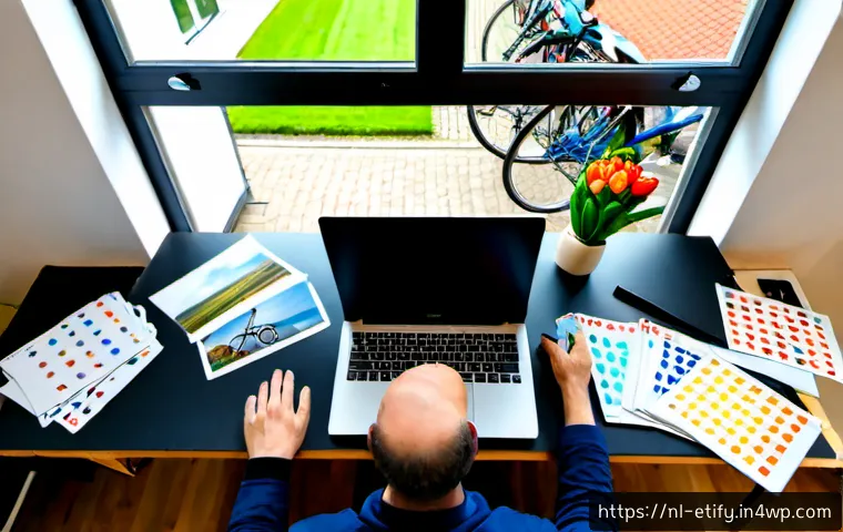 Home 17 전이 학습의 데이터 증강 기법 - Photorealistic overhead view of a Dutch AI researcher’s clean Amsterdam home-office desk, laptop sho...